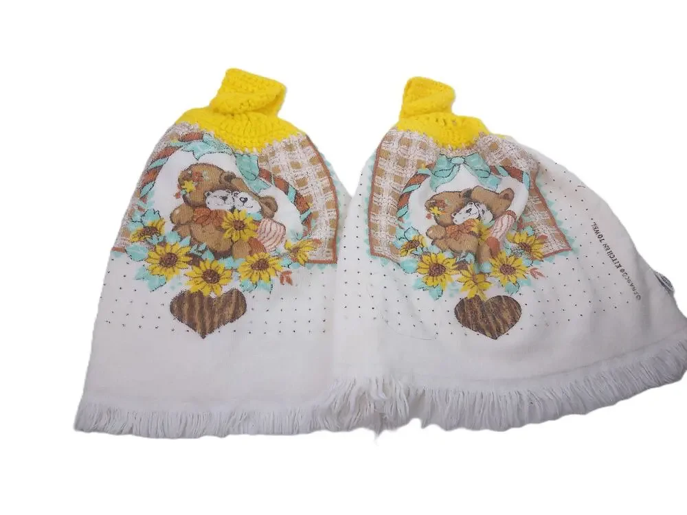 Vintage Jay Franco Crochet Top Kitchen Hand Towels Teddy Bear Set Of 2